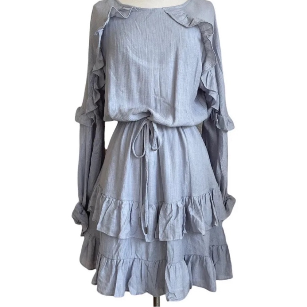 Saints + Secrets Ruffle Dress Blue/Gray Sz L